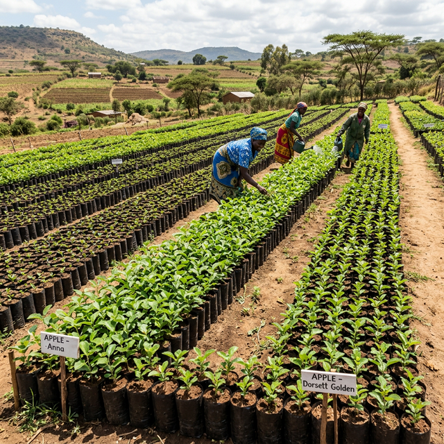 Rows of young Wambugu apple seedlings in an agricultural nursery